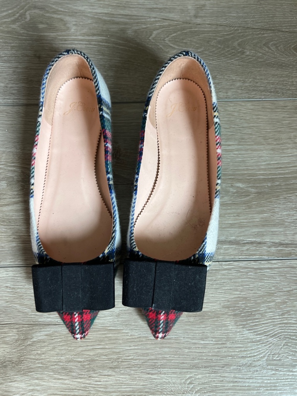 J Crew Plaid Pointed Toe Bow Flats - Red Plaid